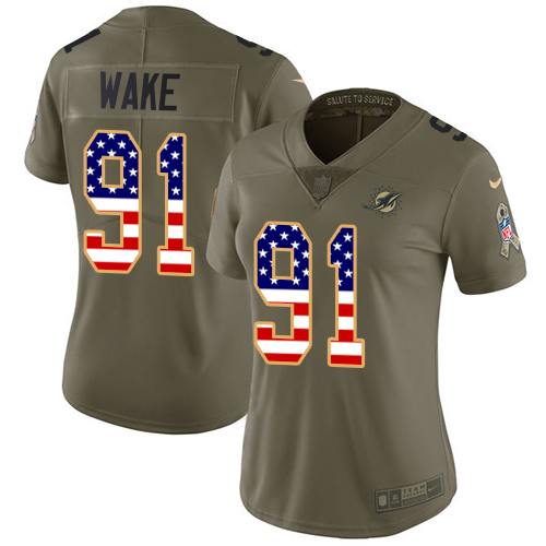 Nike Miami Dolphins #91 Cameron Wake Olive USA Flag Women Stitched NFL Limited 2017 Salute to Service Jersey->women nfl jersey->Women Jersey